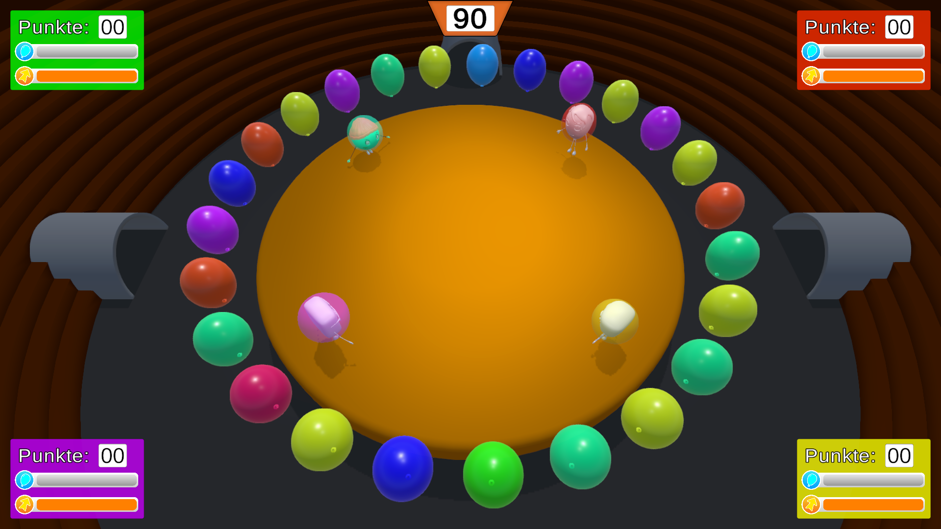 Eine Runde, die gleich beginnt, mit noch eingefrorenen Spielern und einem vollständigen Ballonring um die Arena.