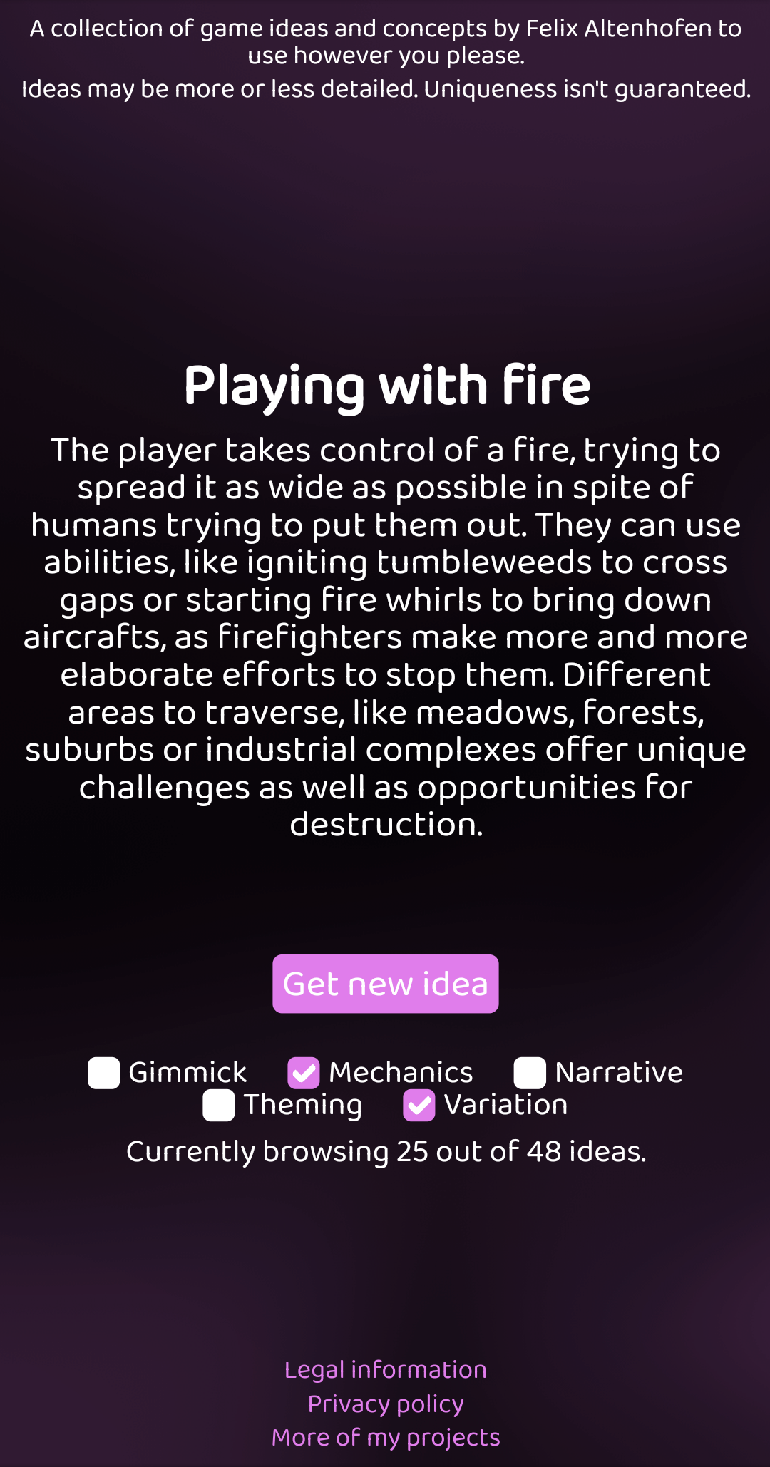 In der mobilen Version der Website wird eine Spielidee präsentiert, wobei nur einige Tags aktiviert sind.