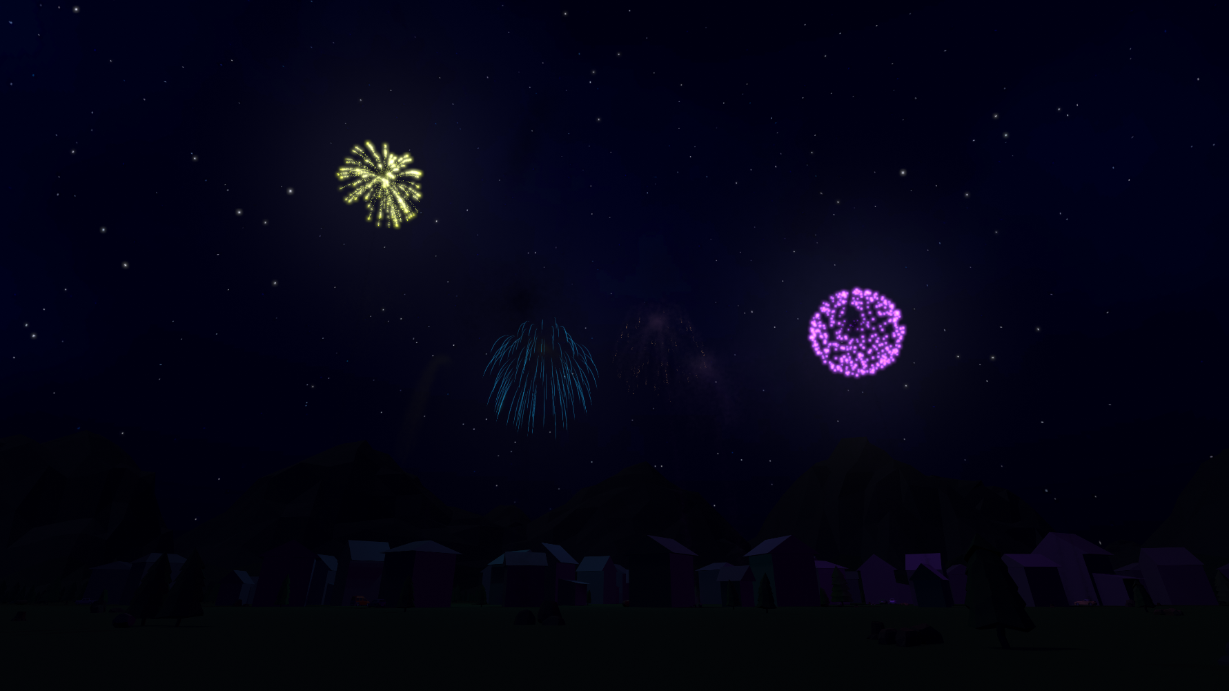 Verschiedene Feuerwerkseffekte am Nachthimmel über einer Kleinstadt.