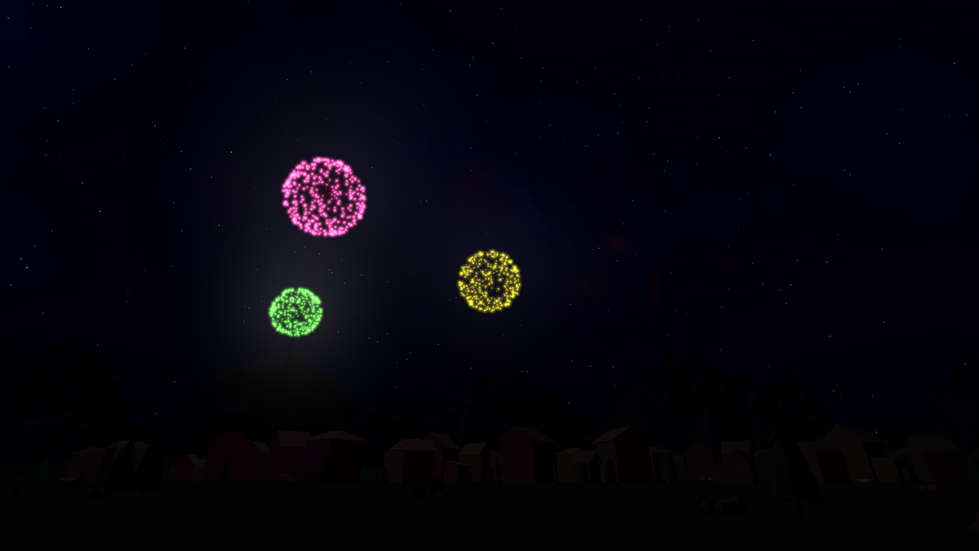 Verschiedene Feuerwerkseffekte am Nachthimmel über einer Kleinstadt.