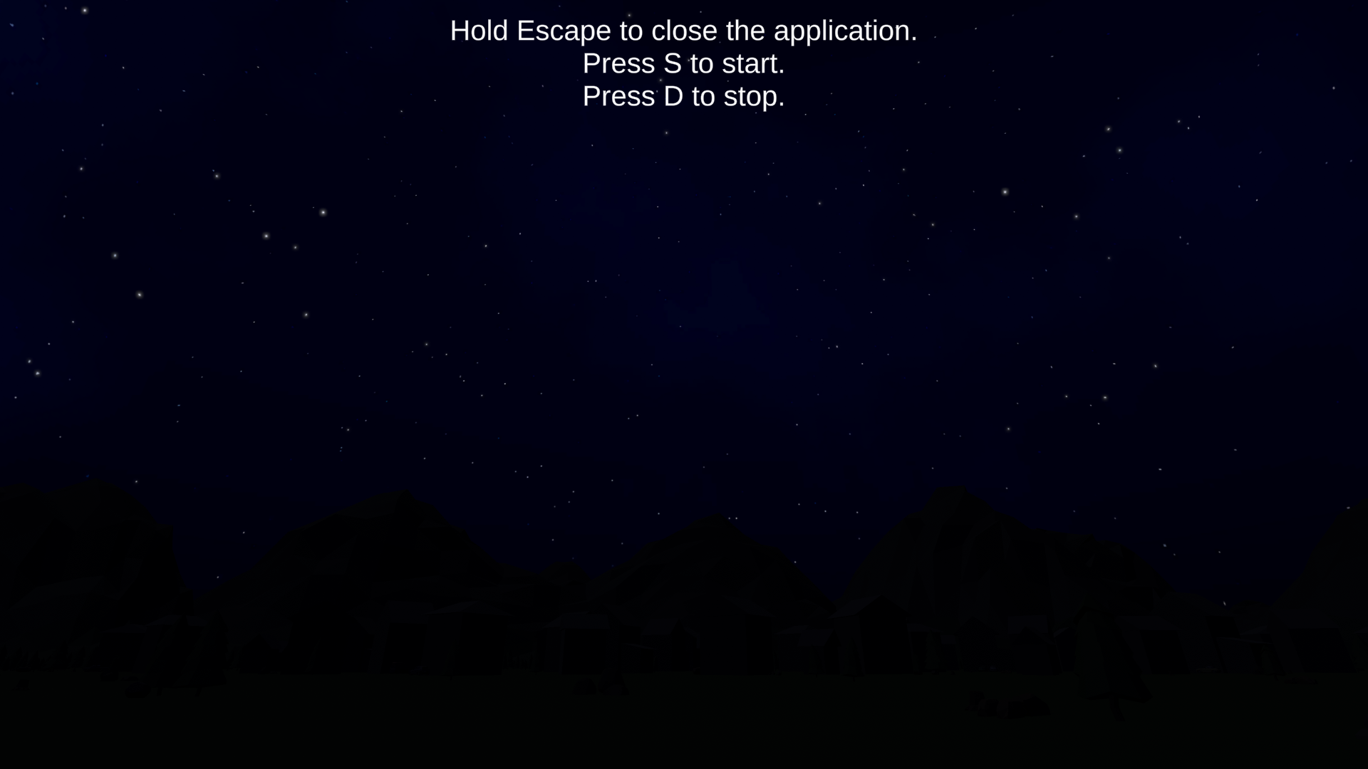 Eine Kleinstadt bei Nacht mit eingeblendetem Text, der die Steuerung der ANwendung erläutert.