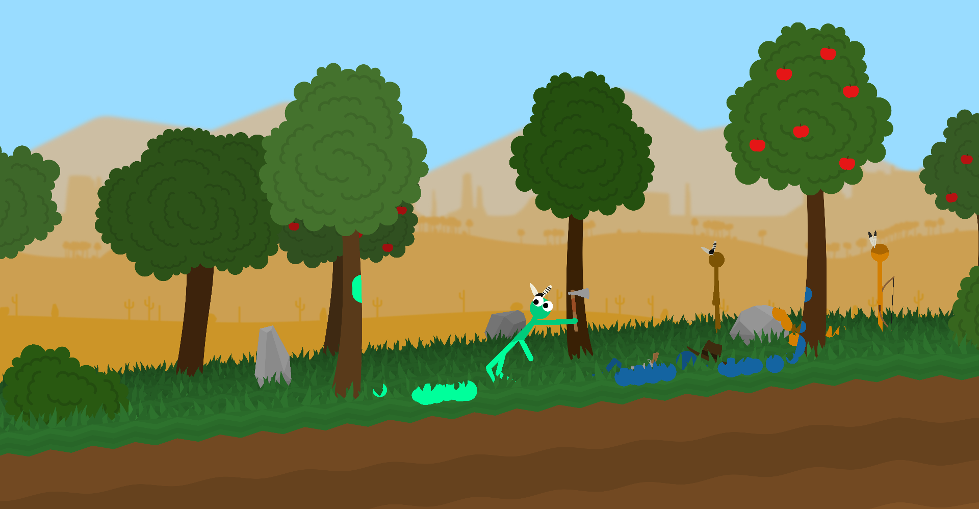 Ein Spieler in einem Wald hat einen anderen NPC mit einem Tomahawk angegriffen, während andere NPCs anwesend sind.